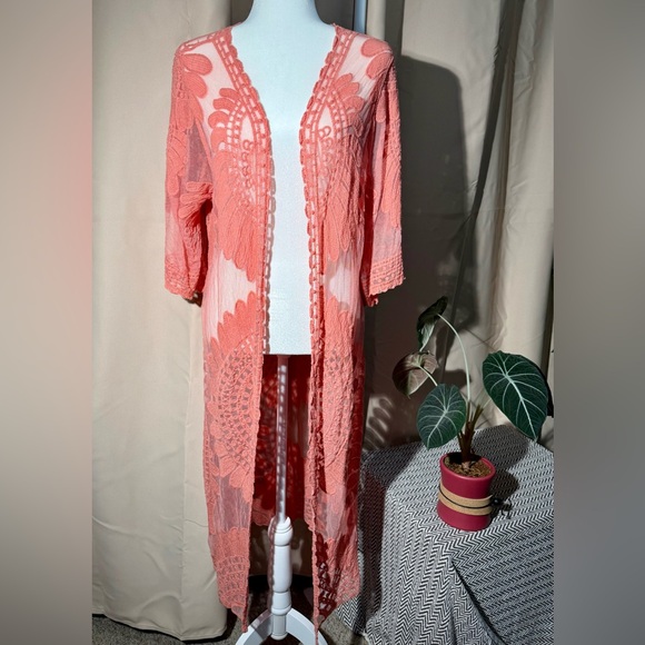 Rebellion Again Sweaters - Rebellion Again Coral Pink Sheer Lace Maxi Duster Cardigan - Medium - NWT